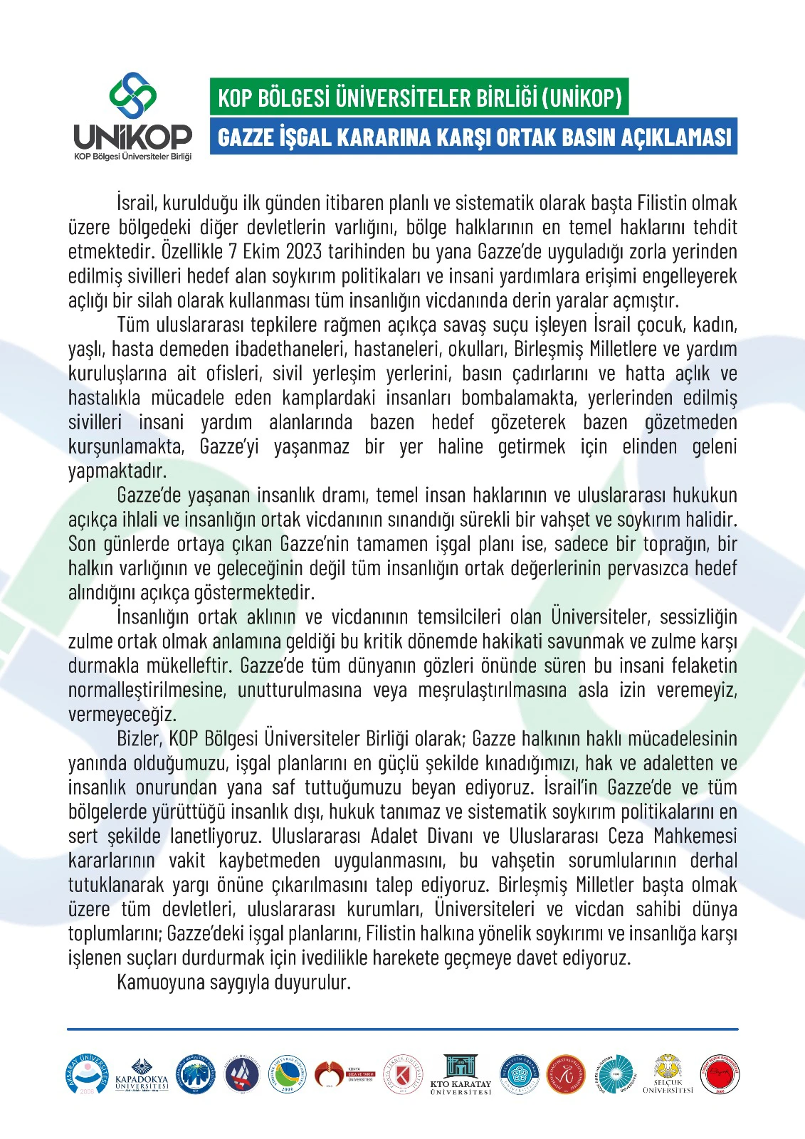 UNİKOP’tan Gazze kentinin işgal kararına ilişkin ortak basın açıklaması